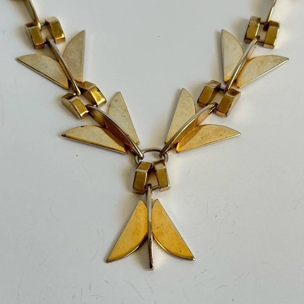 Vintage Modernist Necklace Gold Tone Retro Geometric 60s Collar Bib Runway Piece